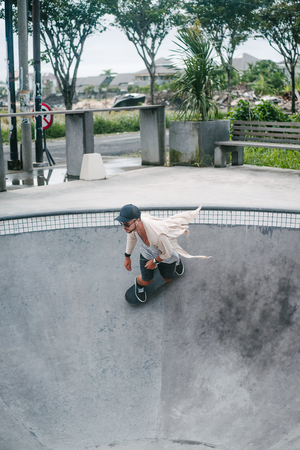 high angle view of skater at skatepark in Bali, Indonesiaの写真素材