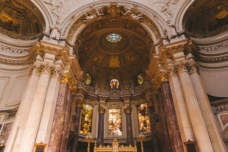 BERLIN, GERMANY - JUNE 20, 2017: low angle view of beautiful ancient Berliner Dom interior in Berlin, Germanyの写真素材