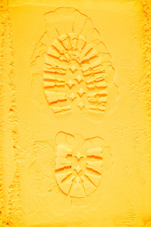 top view of shoe print on yellow powder backgroundの写真素材