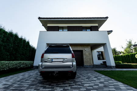 facade of new contemporary house with parkingの写真素材