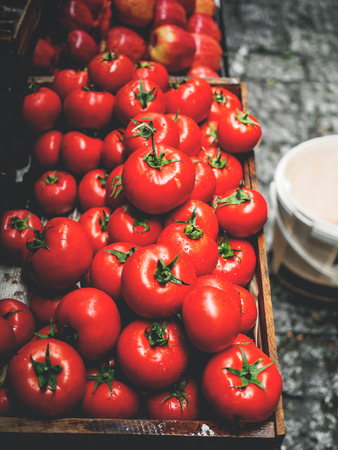 high angle view of red ripe tomatoes at georgian marketの写真素材