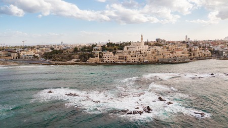 aerial view of old town on seashore, Tel Aviv, Israelの写真素材