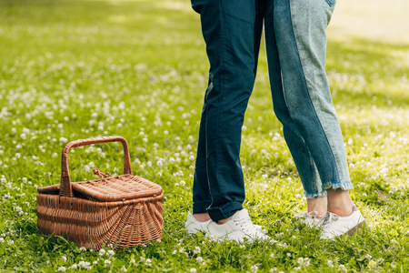 low section of young couple standing near picnic basket in parkの写真素材