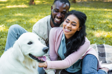 happy african american couple palming white dog in parkの写真素材
