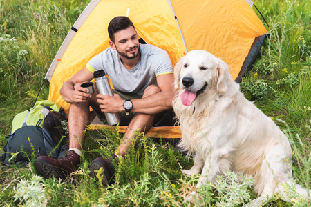 traveler with thermos sitting in tent and looking at dogの写真素材
