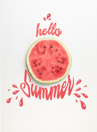 top view of fresh watermelon slice isolated on white, "hello summer" lettering with dropsの写真素材