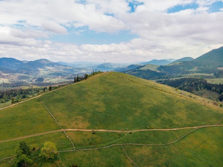 aerial view of green fields and hills in arezzo province, Italyの写真素材