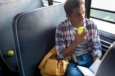 teen african american schoolboy reading apple while holding blank notebook