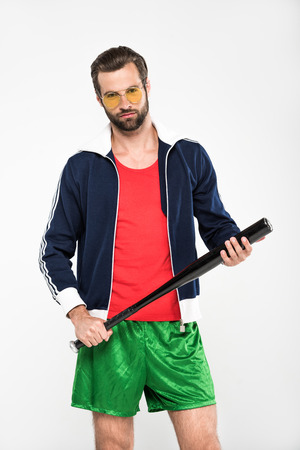 baseball player in retro sunglasses with baseball bat, isolated on whiteの写真素材
