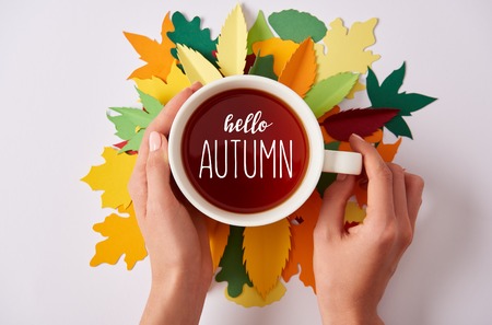 partial view of woman holding cup of hot tea with "hello autumn" lettering on colorful papercrafted leavesの写真素材