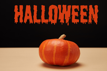 one orange pumpkin on table with "halloween" letteringの写真素材