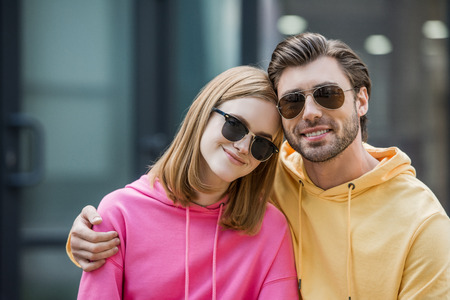 portrait of stylish young couple in sunglassesの写真素材