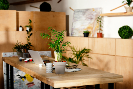 interior of artist studio with painting supplies, laptop and potted plants on wooden tableの写真素材