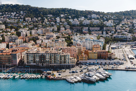 NICE, FRANCE - 17 SEPTEMBER 2017: aerial view of european city located on seashoreのeditorial素材