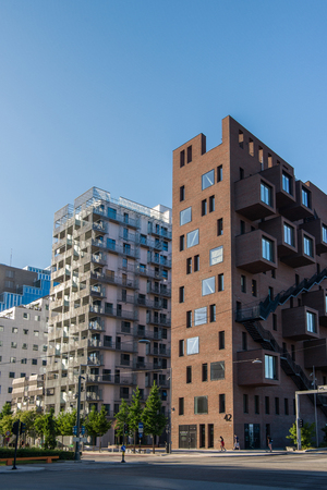 OSLO, NORWAY - 28 JULY, 2018: contemporary houses and city street at Barcode district, Osloのeditorial素材