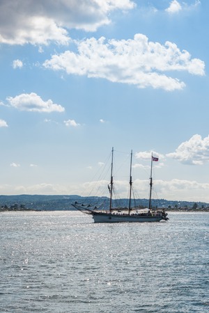 OSLO, NORWAY - 28 JULY, 2018: sailing boat floating on waves at oslo, norwayのeditorial素材