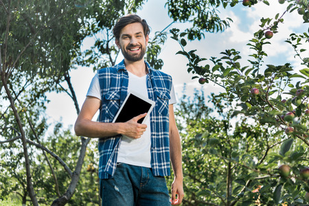 low angle view of handsome farmer holding tablet in in apple garden at farmの写真素材