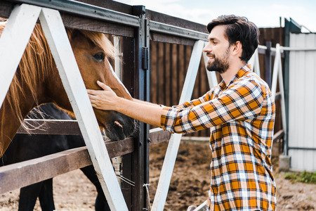 side view of handsome smiling farmer palming brown horse in stableの写真素材