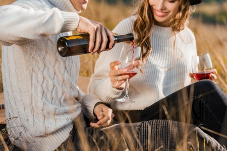 cropped view of couple pouring red wine on meadowの写真素材