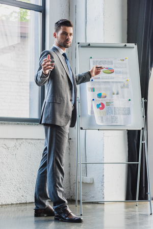 full length view of young businessman pointing at whiteboard with business charts and graphsの写真素材