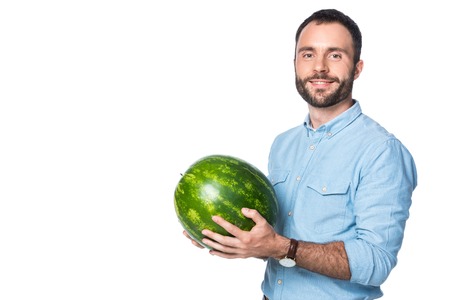bearded man with watermelon isolated on whiteの写真素材