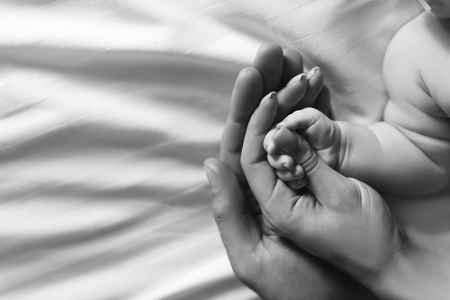 cropped image of family holding hands with infant son in bedの写真素材