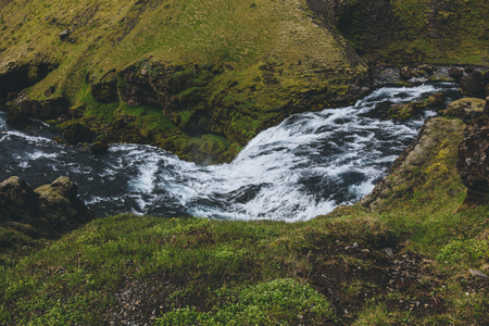 aerial view of beautiful Skoga river flowing through highlands in Icelandの写真素材