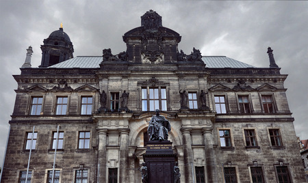 Facade of High Regional Court of Dresden with monument of Frederick Augustus I in Dresden, Germanyの写真素材