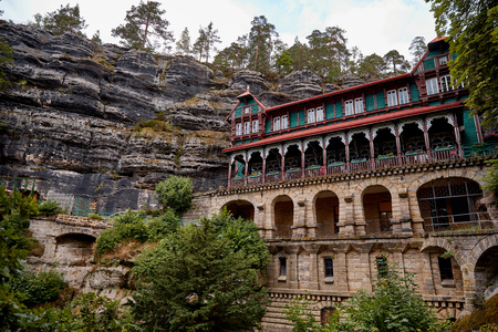 beautiful Falcons Nest Hotel with old rocks and forest in Czech Republicの写真素材