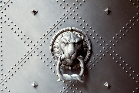 antique doorknocker with lion head on metal door in Dresden, Germanyの写真素材