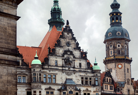 old historical Cathedral of Holy Trinity and clock tower in Dresden, Germanyの写真素材