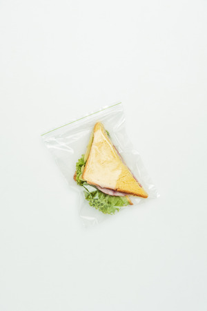 top view of sandwich in polythene ziplock bag isolated on whiteの写真素材