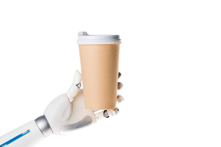 Robot hand holding coffee in paper cup isolated on white backgroundの写真素材