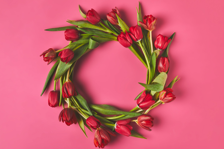 Top view of wreath made of red tulips on pink, mothers day concept backgroundの写真素材