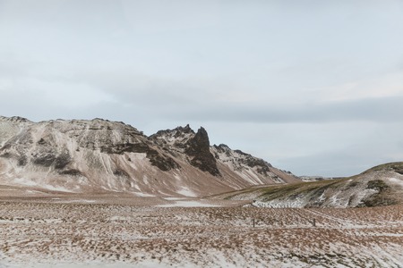 Beautiful scenic view with mountains and valley in snow, Icelandの写真素材