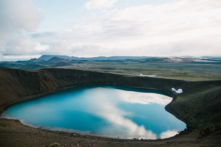 Beautiful scenic landscape with majestic volcanic lake in Iceland, Krafla, lake Vitiの写真素材