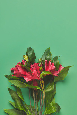 Top view of bunch of beautiful Alstroemeria flowers on green, mothers day conceptの写真素材