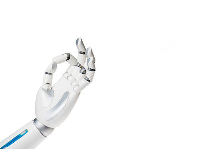 Robot hand showing OK gesture isolated on white backgroundの写真素材