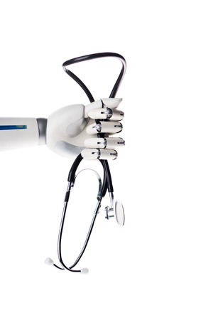 Robot hand holding medical stethoscope isolated on white backgroundの写真素材