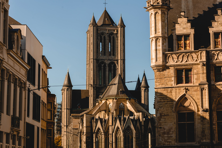 Beautiful ancient architecture in historical quarter of Ghent, Belgiumの写真素材