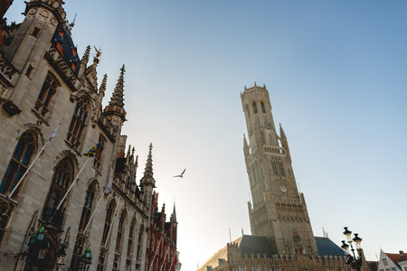 Low angle view of beautiful famous Belfort tower in Brugge, Belgium