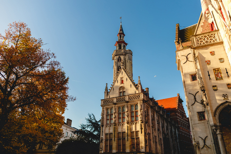 Beautiful architecture of old buildings at historical quarter of Brugge, Belgiumの写真素材