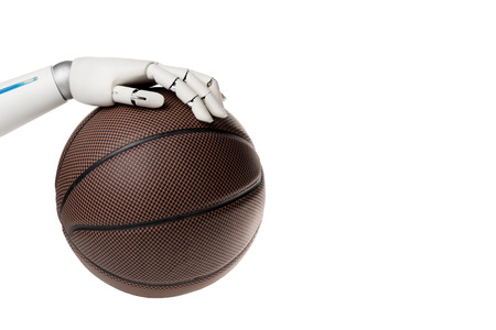 Cropped shot of robot with basketball ball isolated on white backgroundの写真素材