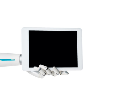 Robot hand holding tablet with blank screen isolated on white backgroundの写真素材