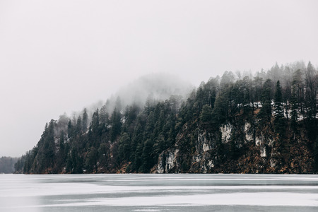 Beautiful tranquil landscape with frozen mountain lake and trees on shore at mist, Fussen, Germanyの写真素材