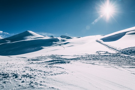 Beautiful snow-covered winter mountains at sunny day, Mayrhofen ski area, Austriaの写真素材