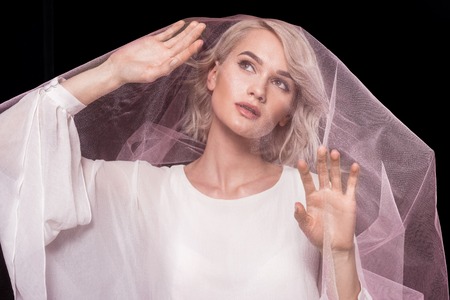 Attractive blonde girl posing in pink veil, isolated on black backgroundの写真素材