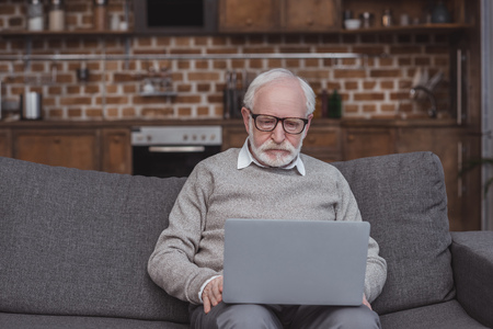 handsome grey hair man sitting on sofa in living room and using laptop