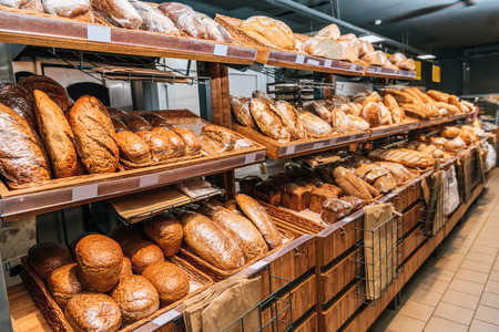 close up view of freshly baked bakery in hypermarket