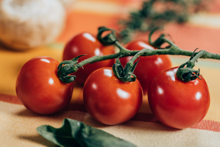 close-up view of fresh ripe cherry tomatoes on table napkinの写真素材